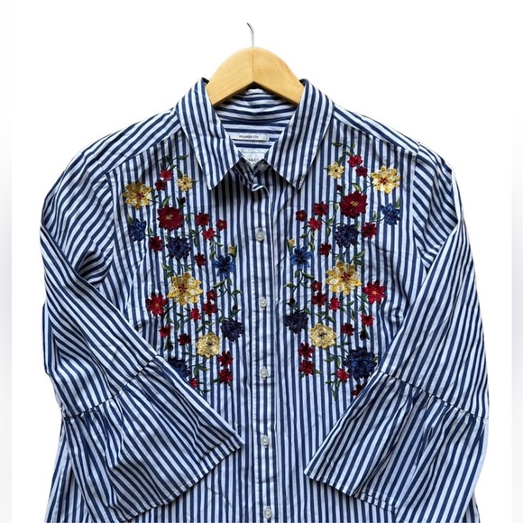 Charter Club Tops - Charter Club Blue Striped Floral Button Down Blouse